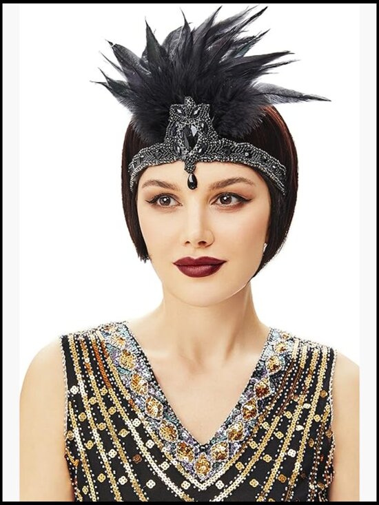 Flapper Headband with Feathers and Rhinestones - Roaring 20s Gatsby Showgirl